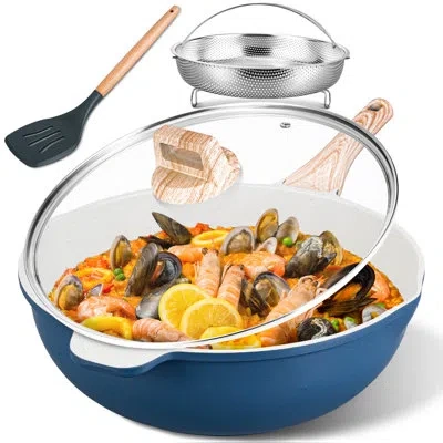 Arc 12 Inch Nonstick Ceramic Deep Frying Pan,5.5qt Sauté Pan With Lid,large Skillet With Steam Rack,heal In Biue