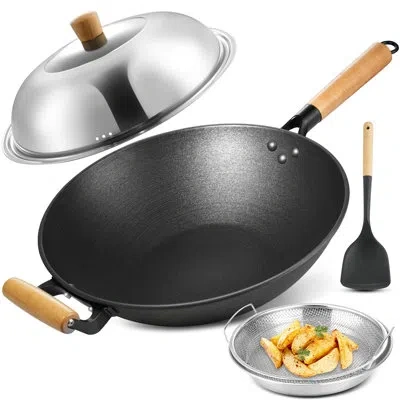 Arc 13'' Nonstick Wok, Cast Iron Wok With Lid, 5 Pcs Wok Pan & Stir-fry Pans Set With Oil Filter Tray An In Black