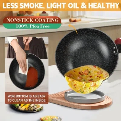 Arc 13'' Nonstick Wok, Woks & Stir-fry Pans Non Stick Wok With Lid And Steamer Basket Spatula Ladle, 100 In Black