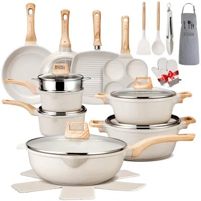 Arc 27pcs Pots And Pans Set, Nonstick Ceramic Cookware Set, Healthy Kitchen Cooking Set With Gloves, Apr In White