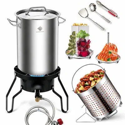 Arc 40qt Seafood Crawfish Boil Pot W/100,000 Btu Propane Burner Set, With Basket, Steamer Rack, For Outd In Silver