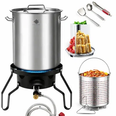 Arc 52qt Seafood Crawfish Boil Pot W/100,000 Btu Propane Burner Set, With Basket, Steamer Rack, For Outd In Silver