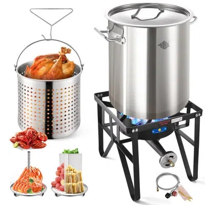 Arc 52qt Stainless Steel Round Stock Pot With Cast Iron Burner, 200,000btu Outdoor Seafood Boil Pot And 