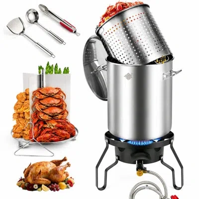 Arc 64qt Seafood Crawfish Boil Pot W/100,000 Btu Propane Burner Set, With Basket, Steamer Rack For Outdo In Silver
