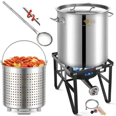 Arc 64qt Stainless Steel Seafood Boil Pot With 200,000btu Propane Burner And 36'' Large Spoon, Heavy Dut In Silver;black
