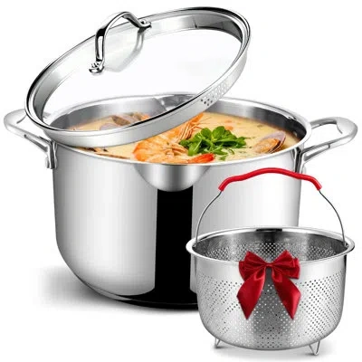 Arc 6qt Stainless Steel Stock Pot With Composite Base, Includes Fry Basket, Cooking Pot For Soup, Stew,  In Silver