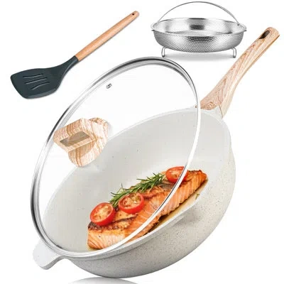 Arc Aosion 12 Inch Nonstick Deep Frying Pan,5.5qt Sauté Pan With Lid,large Skillet With Steam Rack,healt In White