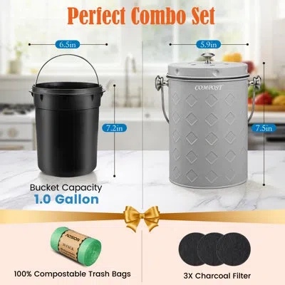 Arc Countertop Compost Bin Kitchen,1.0 Gallon Odorless Indoor Compost Bin With Lid,grey In Gray