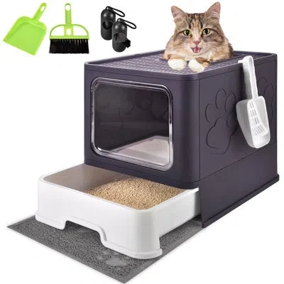 Arc Extra Large Cat Litter Box With Mat, Plastic Standard Enclosed Litter Box , One-way/ Free In& Out In Purple