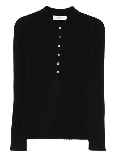 Arch4 Ribbed Cashmere Polo Top In Black