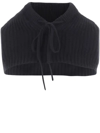 Arch4 Ribbed Knit Cashmere Shawl With Hood And Bow Closure In Black