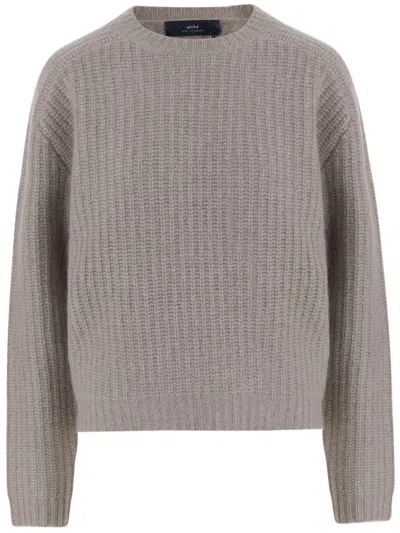 Arch4 Ribbed Knit Cashmere Sweater With Crew Neck And Long Sleeves In Gray