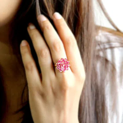 Pre-owned Archariel Natural Flower Ruby Diamond Statement Ring 14kt Solid Yellow Gol Meaniful Gift In Red