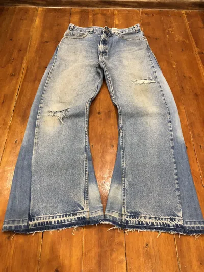 Pre-owned Archival Clothing Dirty Distressed Painted Patchwork Crush Faded Y2k Flared In Blue