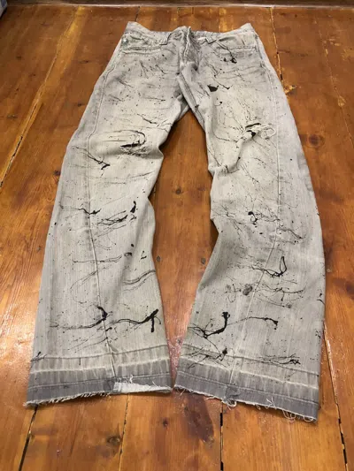 Pre-owned Archival Clothing Distressed Dirty Painted Y2k Crush Faded Washed Flared Jeans In Grey