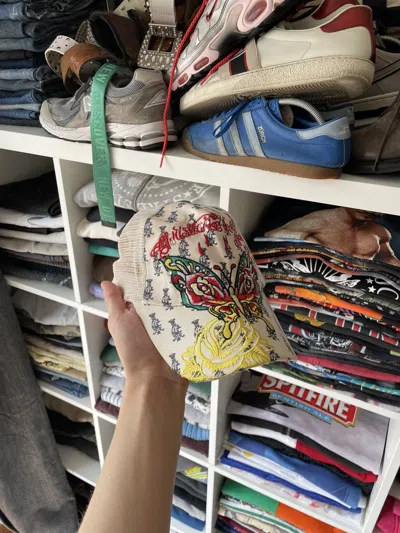 Pre-owned Archival Clothing X Christian Audigier Ed Hardy Cap All Over Print Big Logo By Christian Audigier In Sand