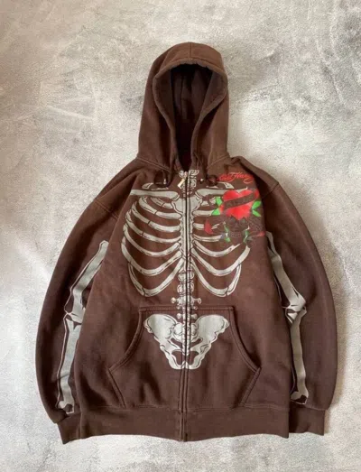 Pre-owned Archival Clothing X Christian Audigier Vintage Ed Hardy Skeleton Y2k Distressed Brown Hoodie (size Xl)