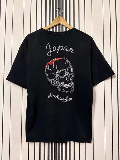 Pre-owned Archival Clothing Y2k Japanstyle Embroidered Double Skull Black T Shirt In Black/white