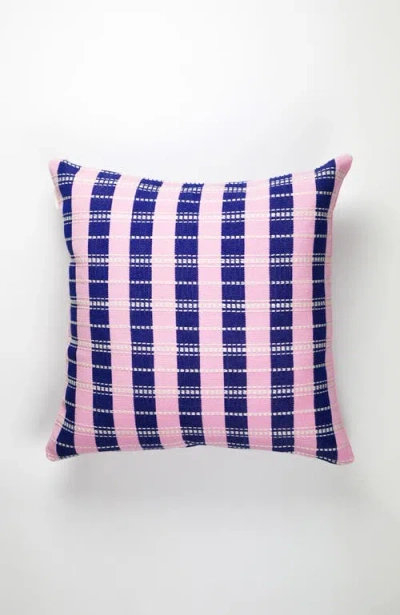 Archive New York Santiago Grid Bold Stripe Handwoven Cotton Square Throw Pillow In Blue And Light Pink