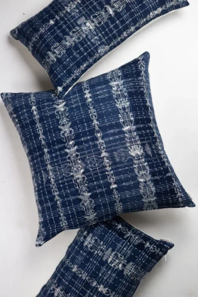 Archive New York Vintage Ikat Plaid Handwoven Cotton Throw Pillow In Blue