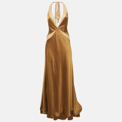 Pre-owned Arcina Ori Brown Satin Devora Halter Neck Maxi Dress S