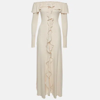 Pre-owned Arcina Ori Cream Knit Ruffle Off Shoulder Mila Dress S In White