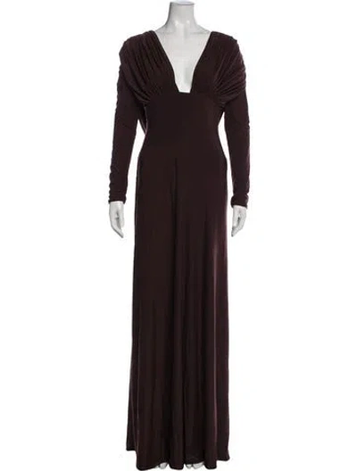 Pre-owned Arcina Ori Plunge Neckline Long Dress In Burgundy
