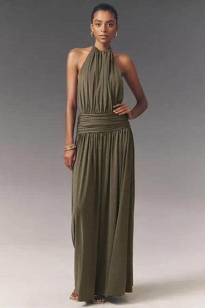 Arcina Ori Satina Draped Halter Open-back Dress In Brown