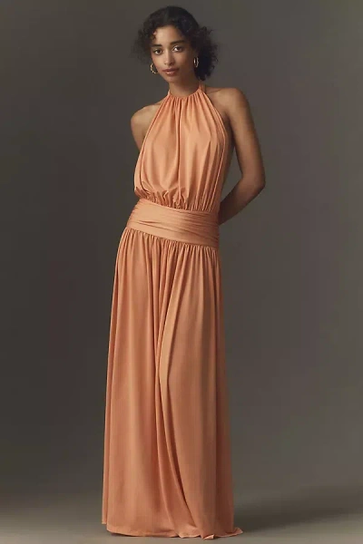Arcina Ori Satina Draped Halter Open-back Dress In Orange