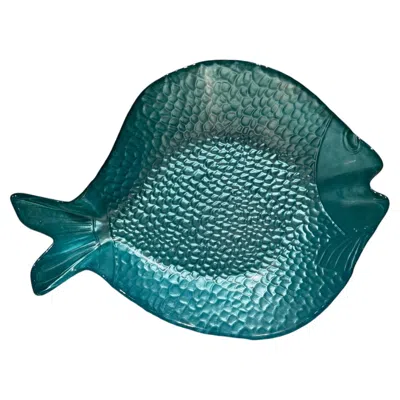 Pre-owned Arcoroc Vintage Turquoise Glass Fish Plate Mid Century Coastal Nautical Decor In Blue
