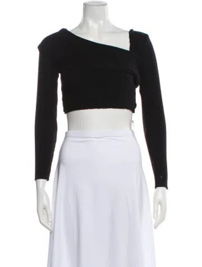 Pre-owned Are You Am I Asymmetrical Long Sleeve Crop Top In Black