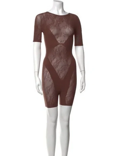 Pre-owned Are You Am I Graphic Print Crew Neck Jumpsuit In Brown