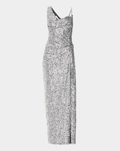 Area Asymmetric Crystal-strap Full Sequin Gown In Silver