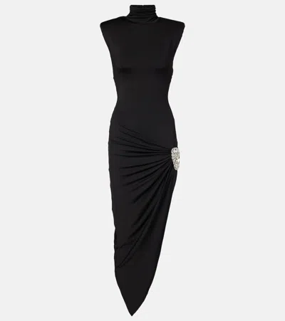 Area Asymmetric Embellished Jersey Midi Dress In Black
