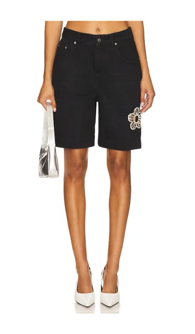 Area Crystal Flower Bermuda Jean Short In Black