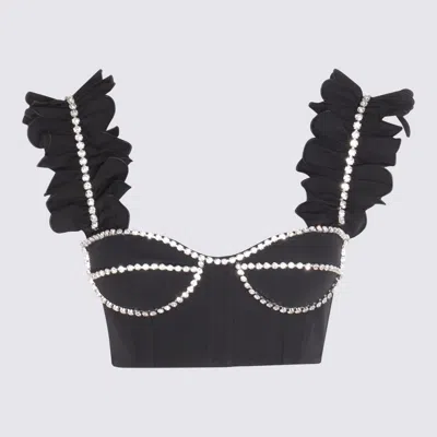 Area Ladies Crystal Embellished Poplin Ruffle Bustier Cropped Top In Black
