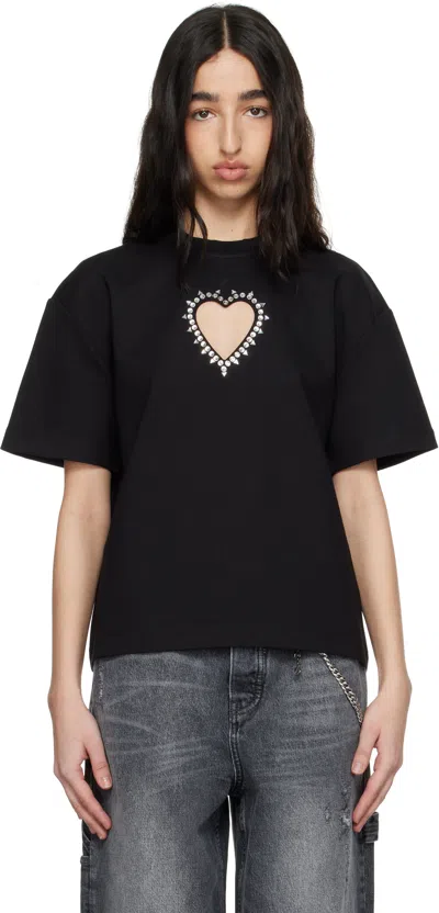 Area Black Crystal Heart Cutout Relaxed T-shirt