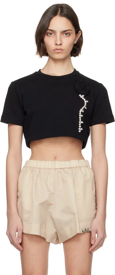 Area Crystal Rosette Cropped T-shirt In Black
