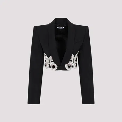 AREA BLACK WOOL EMBROIDERED BUTTERFLY CROPPED BLAZER