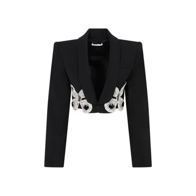 AREA BLACK WOOL EMBROIDERED BUTTERFLY CROPPED BLAZER