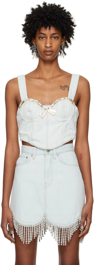 Area Crystal Trim Denim Bustier Top In Pale Blue