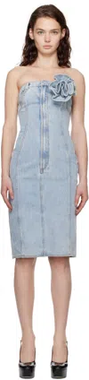 Area Strapless Denim Midi Dress With Flower Corsage In Super Light Wash
