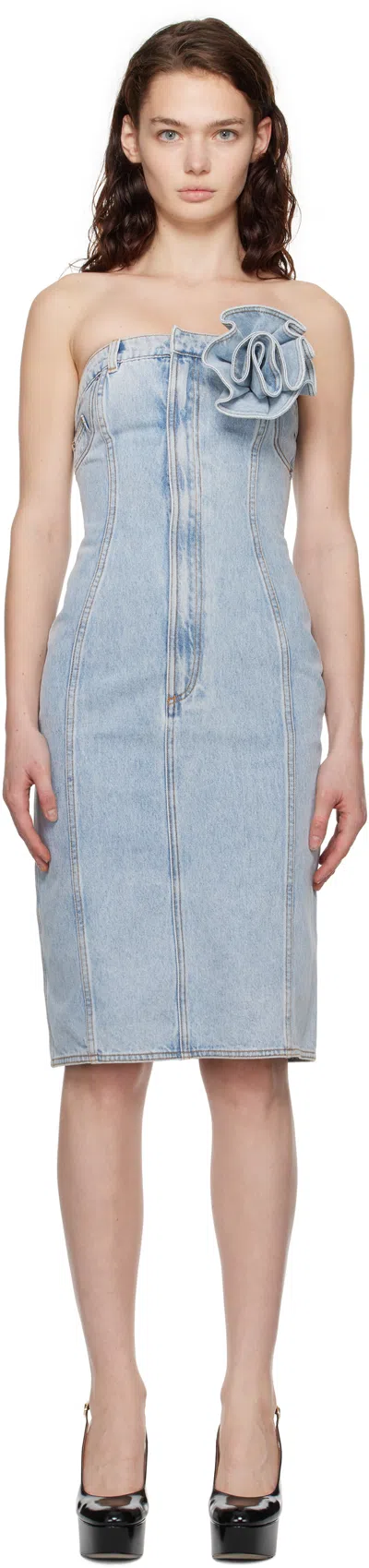 AREA BLUE FLOWER CORSAGE STRAPLESS DENIM MIDI DRESS