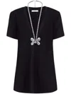 Area Black Crystal Bow V-neck T-shirt Minidress In Black