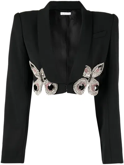 Area Crystal Butterfly Cropped Blazer In Black