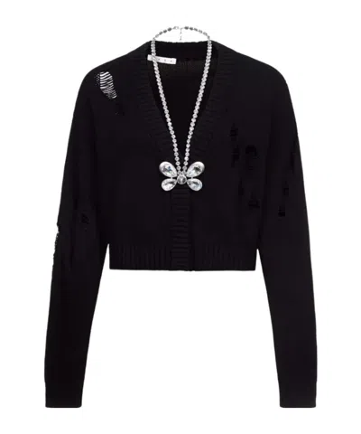 Area Butterfly-embellished Organic Cotton-blend Cardigan In Black