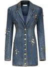 Area Crystal Button Studded Long Sleeve Denim Blazer Minidress In Blau