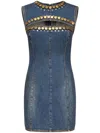 Area Crystal Button Studded Slit Denim Mini Dress In Blau