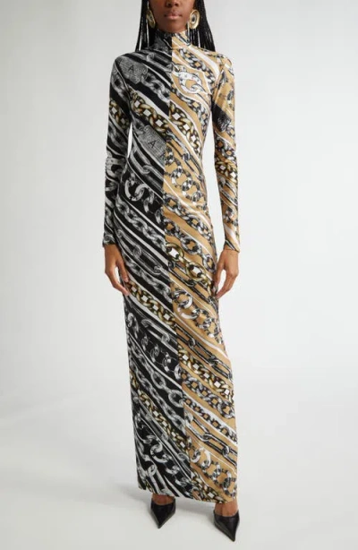 Area Chain Print Long Sleeve Dress In Black/beige Multi