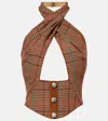 Area Crystal-button Check Crop Halter Top In Braun